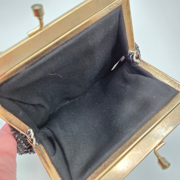 Vintage Beaded Evening Bag Kiss Clasp Purse Gold Accents Chain Hong Kong Studded - Picture 7 of 10